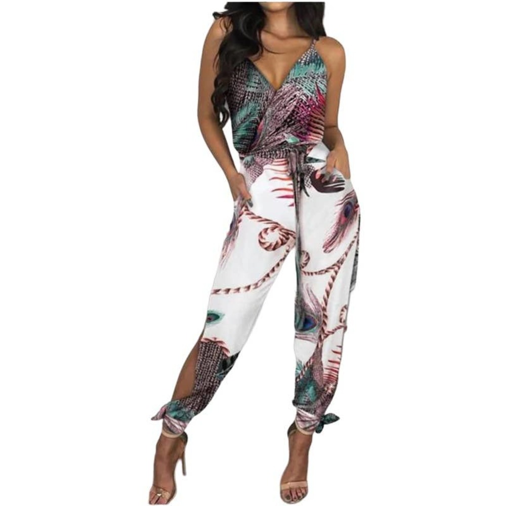 CBR Women Small V Neck Peacock Print Slit Casual Beach Spaghetti Strap Jumpsuit